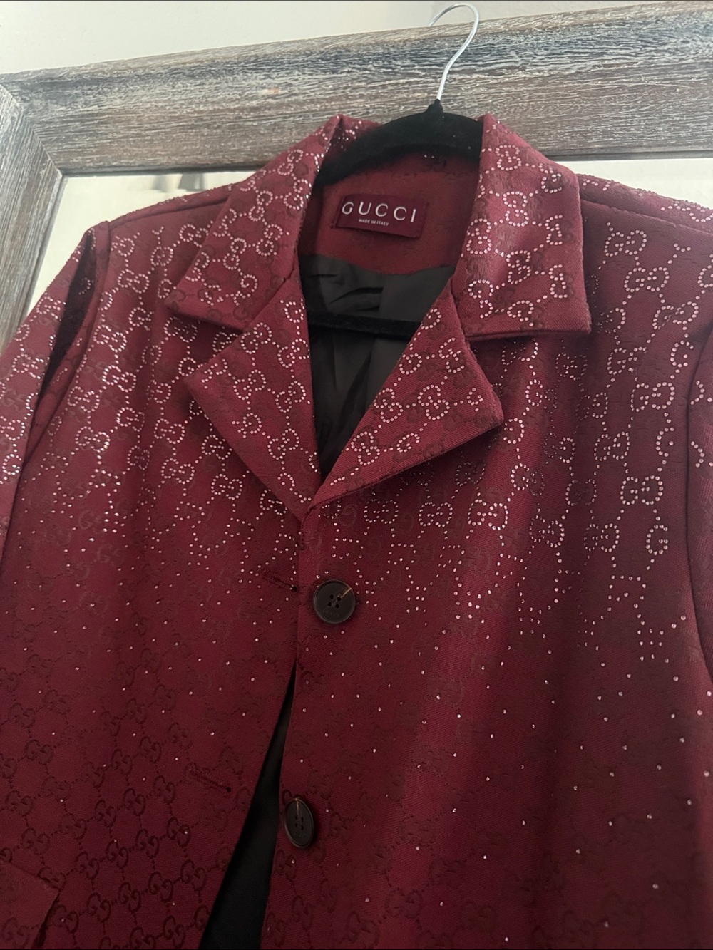 Gucci Crystal-Studded Bordeaux GG Monogram Blazer